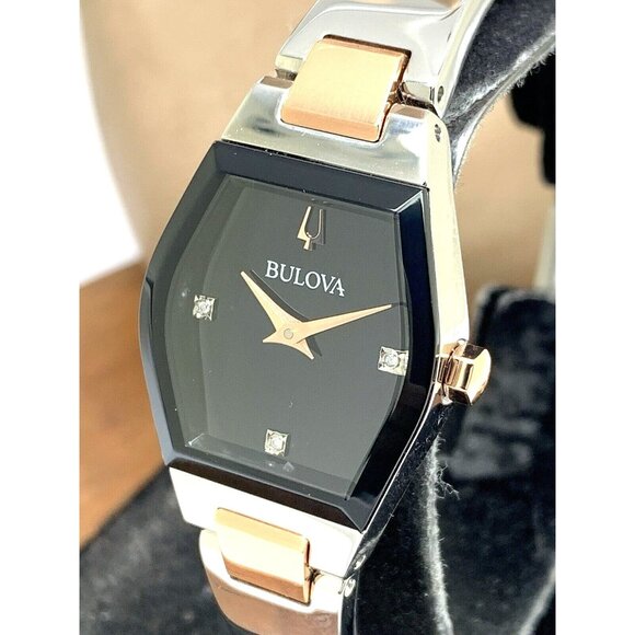 Bulova Womens Watch 98P216 Gemini Diamond Black Dial 2-Tone Quartz Petite 22.5mm - Picture 1 of 14